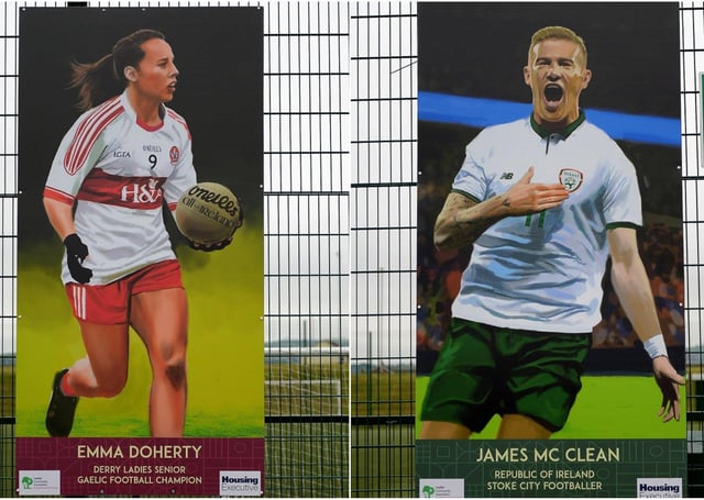 LEFT: Emma Doherty sporting hero portrait by local artist Joe Campbell at the Leafair Well-Being Village. DER2125GS - 038
RIGHT: James McClean sporting hero portrait by local artist Joe Campbell at the Leafair Well-Being Village. DER2125GS - 029