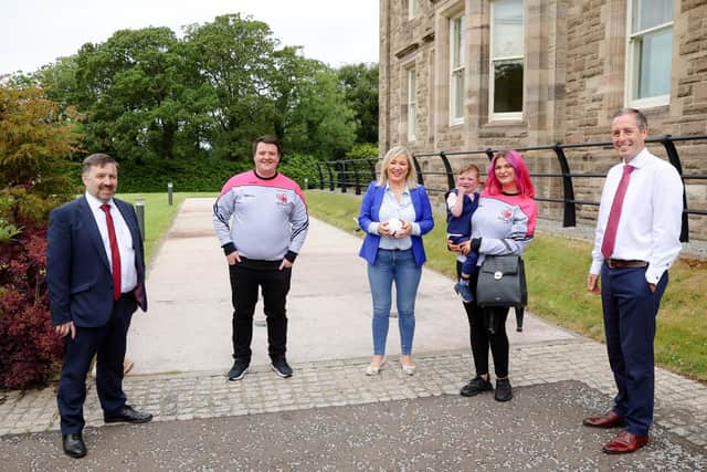 Paul Givan, Michelle O’Neill and Robin Swann welcomed campaigners Dáithí, Maírtín and Seph Mac Gabhann to Stormont Castle.