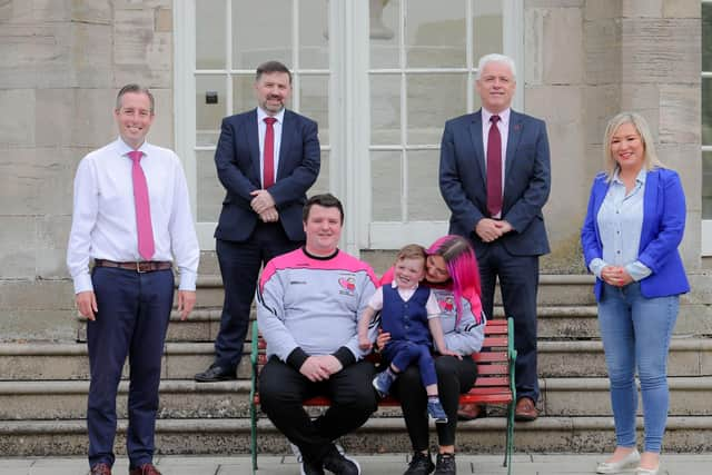 Paul Givan, Michelle O’Neill and Robin Swann welcomed campaigners Dáithí, Maírtín and Seph Mac Gabhann to Stormont Castle.