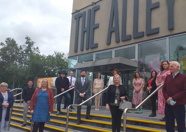 Representatives from the Western Health and Social Care Trust, Strabane Local Involvement Group, Public Health Agency, Fermanagh and Omagh District Council, Derry and Strabane District Council and Causeway Coast and Glens District Councils at the launch of the 'Reconnecting Events for Adult Learning Disability Community' at the Alley Theatre, Strabane.