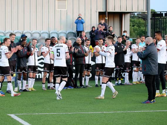 Dundalk players perform a guard of honour for skipper Chris Shields who played his last game for the club against Derry City in Oriel Park last Friday night. Photo by Kevin Moore.