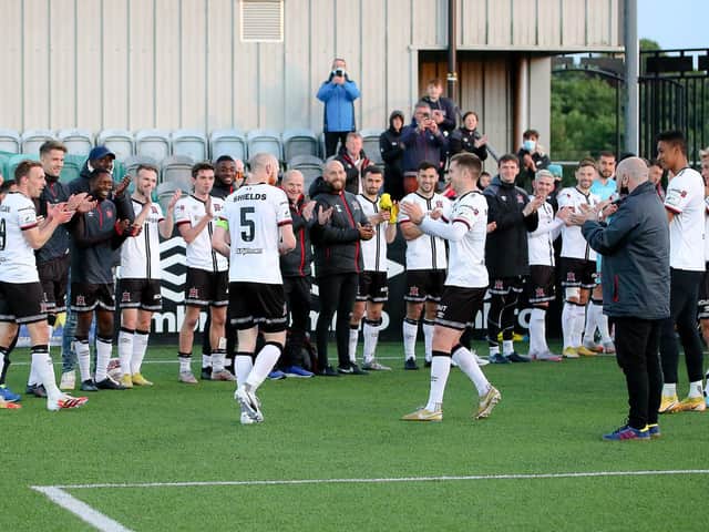 Dundalk players perform a guard of honour for skipper Chris Shields who played his last game for the club against Derry City in Oriel Park last Friday night. Photo by Kevin Moore.