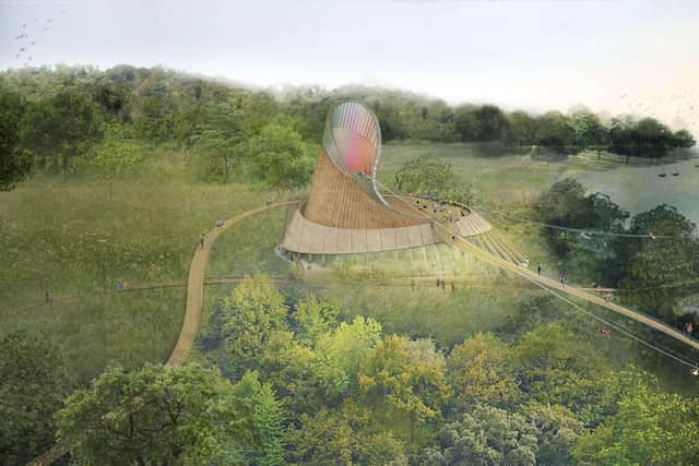 Artist’s impression of the Acorn building, zip wires and  water activity hub.