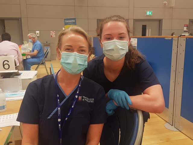 Noela Mullan, Podiatrist and Gemma Mullan Medical Student who are vaccinators at the Foyle Arena