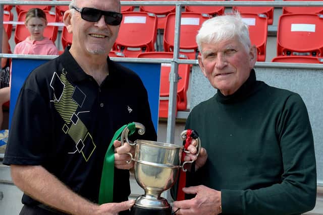 Willie Barrett and John’Jobby’ Crossan pictured at the centenary McAlinden Cup Final in the Brandywell on Sunday afternoon last. (Photo: George Sweeney). DER2126GS – 010