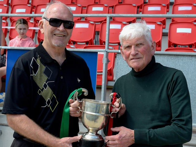 Willie Barrett and John’Jobby’ Crossan pictured at the centenary McAlinden Cup Final in the Brandywell on Sunday afternoon last. (Photo: George Sweeney). DER2126GS – 010