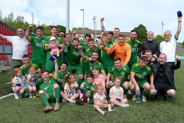 Foyle Harps celebrate their victory over Maiden City in the centenary McAlinden Cup Final on Sunday afternoon last. (Photo: George Sweeney). DER2126GS – 009