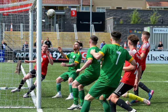 Foyle Harps’ Calvin McCallion scores during the first half of the centenary McAlinden Cup Final against Maiden City on Sunday afternoon last. (Photo: George Sweeney). DER2126GS - 006