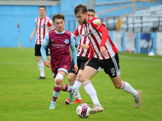 Will Patching pictured in action at United Park, a game where he netted a brace of goals for the Candy Stripes in a 2-1 win.