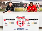 Derry City manager Ruaidhri Higgins pictured alongside James Akintunde. Picture by Kevin Morrison