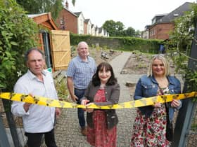 Gary Gray, Chair of DDBKA; Mickie Harkin, DDBKA Funding Development Officer; Grainne McLaughlin, DDBKA (Green Gardeners); and Councillor Sandra Duffy, DC&SDC officially open the newly refurbished Brooke Park Civic Apiary.