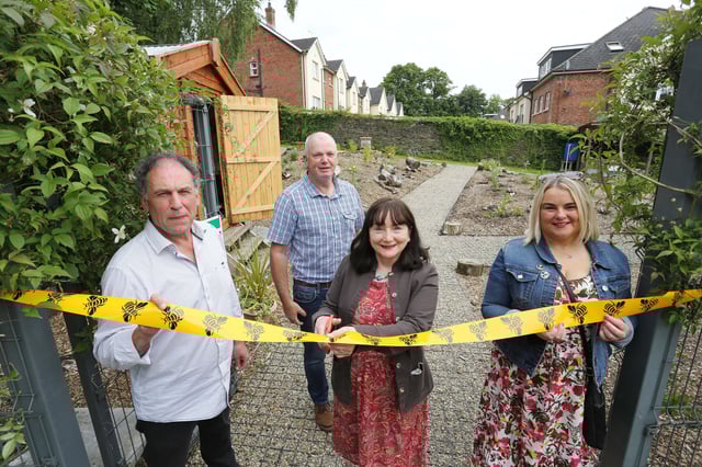 Gary Gray, Chair of DDBKA; Mickie Harkin, DDBKA Funding Development Officer; Grainne McLaughlin, DDBKA (Green Gardeners); and Councillor Sandra Duffy, DC&SDC officially open the newly refurbished Brooke Park Civic Apiary.