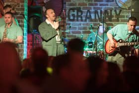Tony Marino from Italian band Jumpin UpI on stage in Granny Annies during the City of Derry Jazz Festival. Picture Martin McKeown. Inpresspics.com. 04.05.19