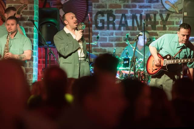 Tony Marino from Italian band Jumpin UpI on stage in Granny Annies during the City of Derry Jazz Festival. Picture Martin McKeown. Inpresspics.com. 04.05.19