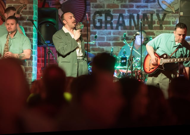 Tony Marino from Italian band Jumpin UpI on stage in Granny Annies during the City of Derry Jazz Festival. Picture Martin McKeown. Inpresspics.com. 04.05.19