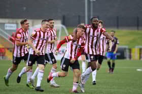 Evan McLaughlin celebrates his debut goal against Waterford. Photograph by Kevin Moore.