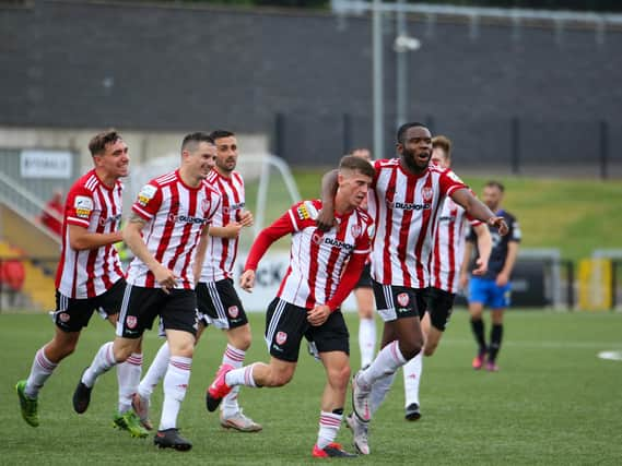 Evan McLaughlin celebrates his debut goal against Waterford. Photograph by Kevin Moore.