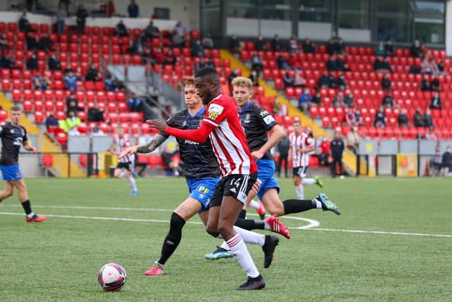 Junior Ogedi-Uzokwe, making his second debut, races at the Waterford defence in the first half. Photograph by Kevin Moore.