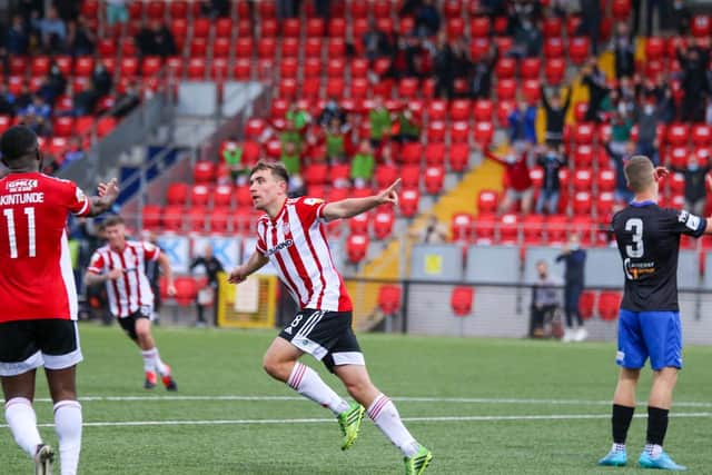 Joe Thomson celebrates Derry's second goal on the night and his second of the season at the start of the second half. Photograph by Kevin Moore.