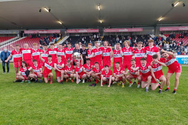 Derry Minors celebrate their 202 Ulster Championship victory after defeating Monaghan in Celtic Park
