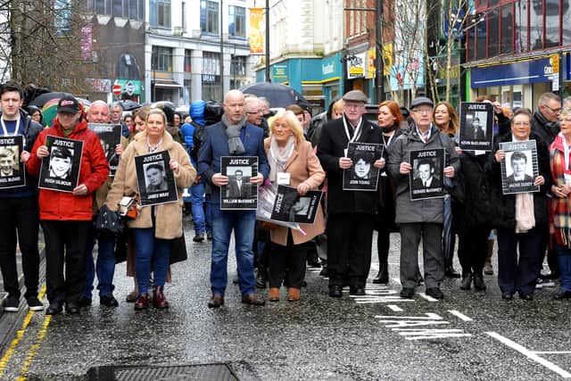 2019: Bloody Sunday families and relatives make their way to the City Hotel for a press conference back in March 2019 when they were told of the decision to prosecute Soldier F. That decision has now been overturned. DER1119GS-032