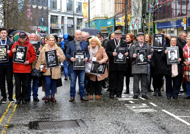 2019: Bloody Sunday families and relatives make their way to the City Hotel for a press conference back in March 2019 when they were told of the decision to prosecute Soldier F. That decision has now been overturned. DER1119GS-032