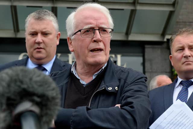 John Kelly, whose brother Michael was killed on Bloody Sunday, speaking outside the City Hotel on Friday morning after the PPS announcement that Soldier F will not stand trial. Photo: George Sweeney / Derry Journal. DER2126GS – 159