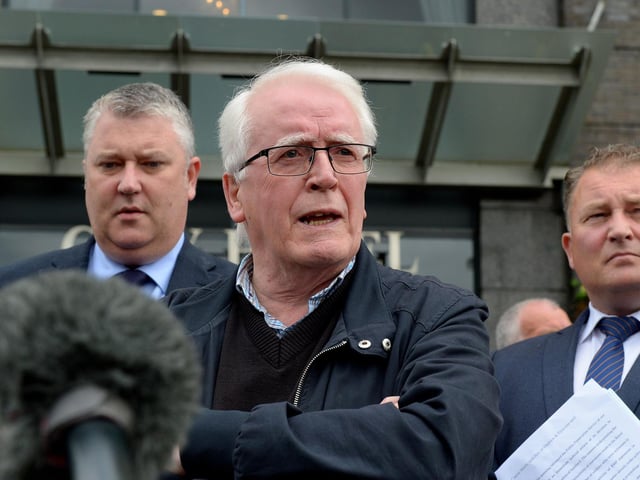 John Kelly, whose brother Michael was killed on Bloody Sunday, speaking outside the City Hotel on Friday morning after the PPS announcement that Soldier F will not stand trial. Photo: George Sweeney / Derry Journal. DER2126GS – 159