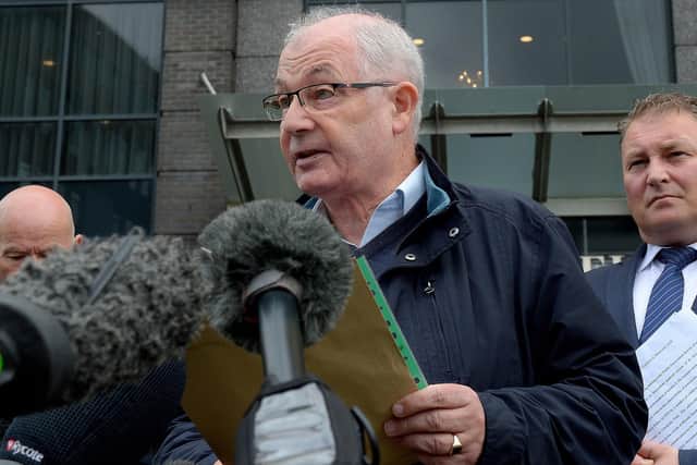 Mickey McKinney, whose brother William was shot dead on Bloody Sunday, speaking outside the City Hotel on Friday morning after the PPS announcement that Soldier F will not stand trial. Photo: George Sweeney / Derry Journal.  DER2126GS – 158