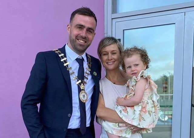Cathaoirleach Councillor Jack Murray pictured at his election with wife Sabrina and daughter Bláithín.