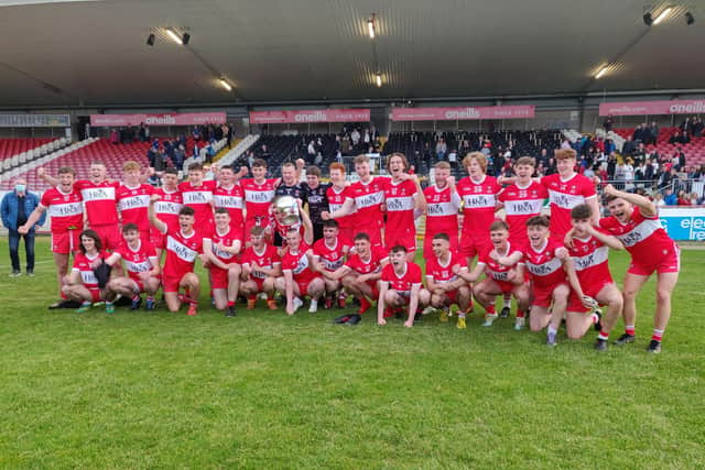 Derry celebrate their Ulster Minor Football Championship title after defeating Monaghan in Healy Park on Friday night
