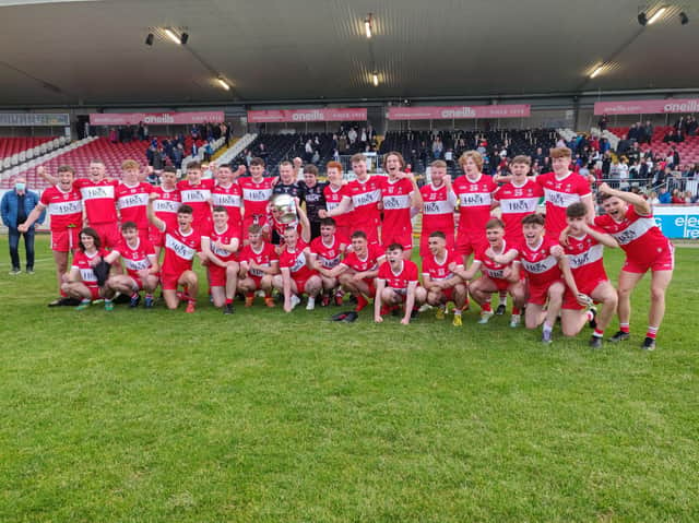Derry celebrate their Ulster Minor Football Championship title after defeating Monaghan in Healy Park on Friday night