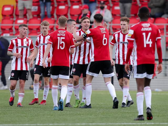 Derry midfielder Joe Thomson celebrates his second goal of the season in the 2-0 win over Waterford on Friday night. Photograph by Kevin Moore.