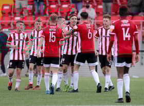 Derry midfielder Joe Thomson celebrates his second goal of the season in the 2-0 win over Waterford on Friday night. Photograph by Kevin Moore.