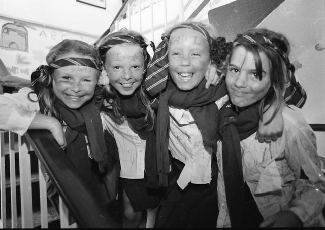 Catherine Doherty, Stephanie McDaid, Fiona Doherty and Orla Kelly, ready to take part in the fancy dress parade at the annual Creggan Parents and Toddlers Fun Day in Cromore Garden in July 1996.