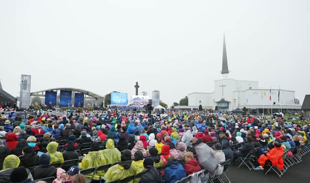 2018: Crowds wait for Pope Francis during a visit to Knock Holy Shrine, in County Mayo to view the Apparition Chapel and to give the Angelus address, as part of his visit to Ireland. Niall Carson/PA Wire