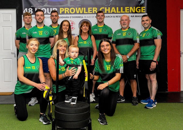 Members of the ODonnell family and friends pictured on Thursday last at the launch of the 48 Hour Prowler Challenge in memory of Aodhán ODonnell and in aid of Foyle Search and Rescue at the Uturn Fitness centre, Whitehouse Road. Included in the photograph is Uturn Fitness proprietor Danny Glenn. DER2127GS 022