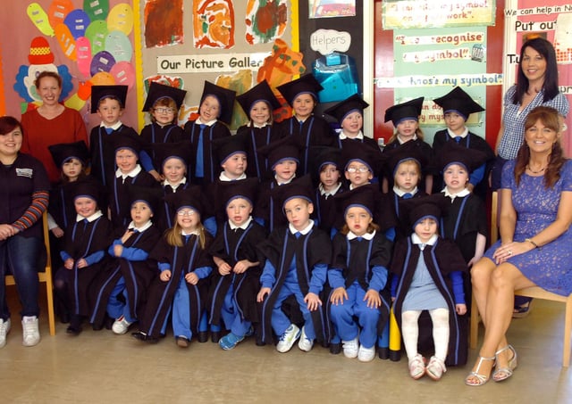 Children from Termoncanice Primary School Nursery pictured at their graduation ceremony with staff members, seated from left, Lauren McLaughlin and Ann Marie Diamond, teacher. Standing are Hilary Hargan, left, and Nuala McDermott. (3105PG69)