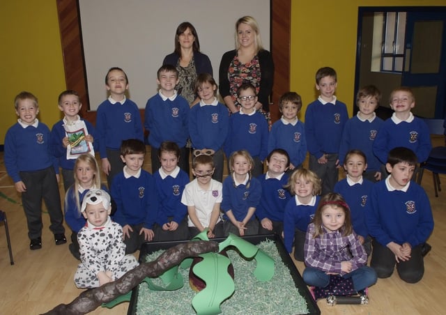 Some of the P2, 3 & 4 pupils who took part in the recent Harvest Assembly at Bready Jubilee Primary School. Included are Luanne McElwee, Principal, and Yolanda Scobie, teacher. INLS4413-103KM