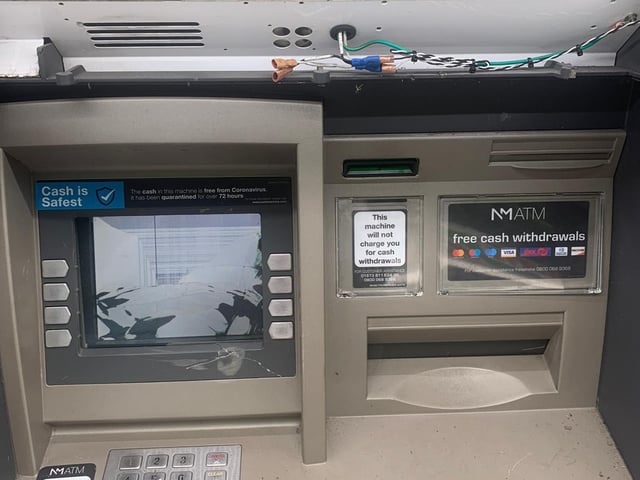 The vandalised cash machine on the Lecky Road.