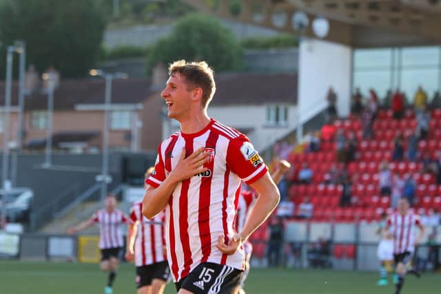 Ronan Boyce celebrates his opening goal for Derry City against Shamrock Rovers.