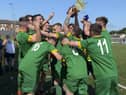 Foyle Harps players celebrate their Terry Kelly Cup Final victory over Top of the Hill Celtic, on Sunday afternoon. Picture by George Sweeney