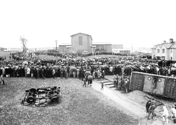 Crowds gathered outside St Mary's Church, Creggan, February 1972 for Bloody Sunday funerals.