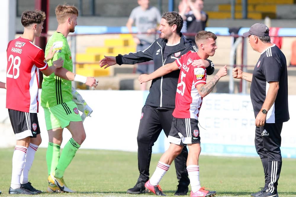 Derry City boss Ruaidhri Higgins celebrates the penalty shootout win with Evan McLaughlin, Nathan Gartside and Michael Harris. Photograph by Kevin Moore.