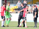Derry City boss Ruaidhri Higgins celebrates the penalty shootout win with Evan McLaughlin, Nathan Gartside and Michael Harris. Photograph by Kevin Moore.