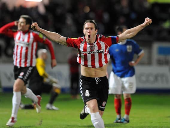 Derry City midfielder Barry Molloy celebrates scoring against Linfield in 2012 Setanta Cup. Picture by Charles McQuillan/Pacemaker
