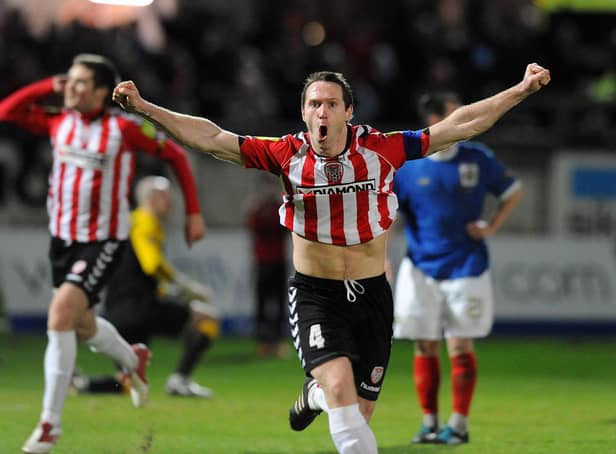 Derry City midfielder Barry Molloy celebrates scoring against Linfield in 2012 Setanta Cup. Picture by Charles McQuillan/Pacemaker