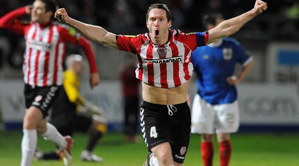 Derry City midfielder Barry Molloy celebrates scoring against Linfield in 2012 Setanta Cup. Picture by Charles McQuillan/Pacemaker