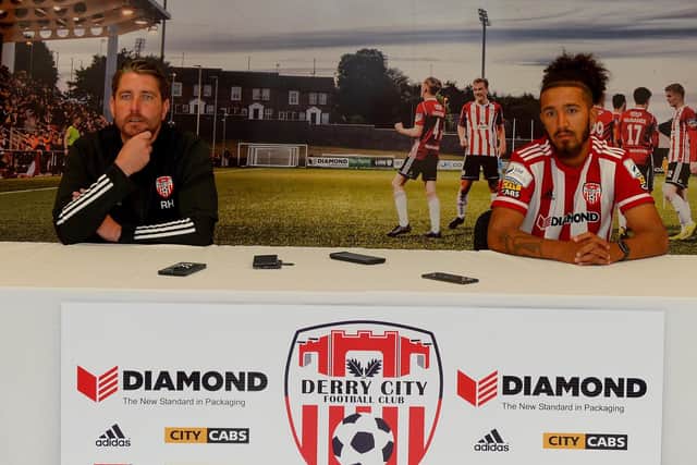 Derry boss Ruaidhri Higgins and Bastien Hery and today's press conference.