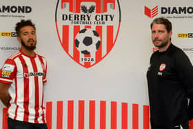 Derry City manager Ruaidhri Higgins welcomes new signing Bastien Hery to the club. Picture by George Sweeney